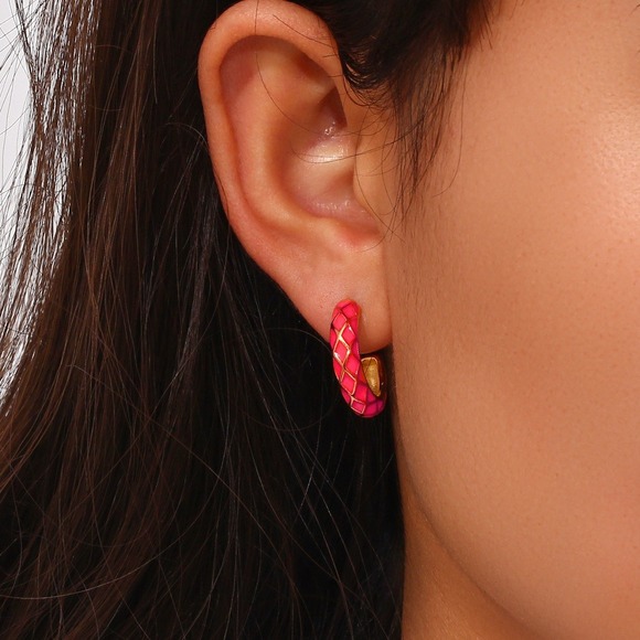 Hot Pink Enamel Geometric Pattern Hoop Earrings 18K Gold Plated Stainless Steel - Picture 4 of 7